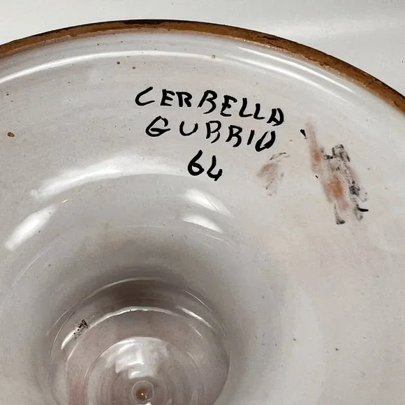 Vtg Cerbella Gubbio Ceramic Stoneware Pedestal Scalloped Fruit Bowl Floral Italy